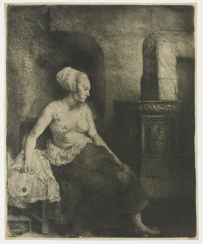 Woman sitting half dressed beside a stove Wall Art by Unknown - High-Resolution Digital Print