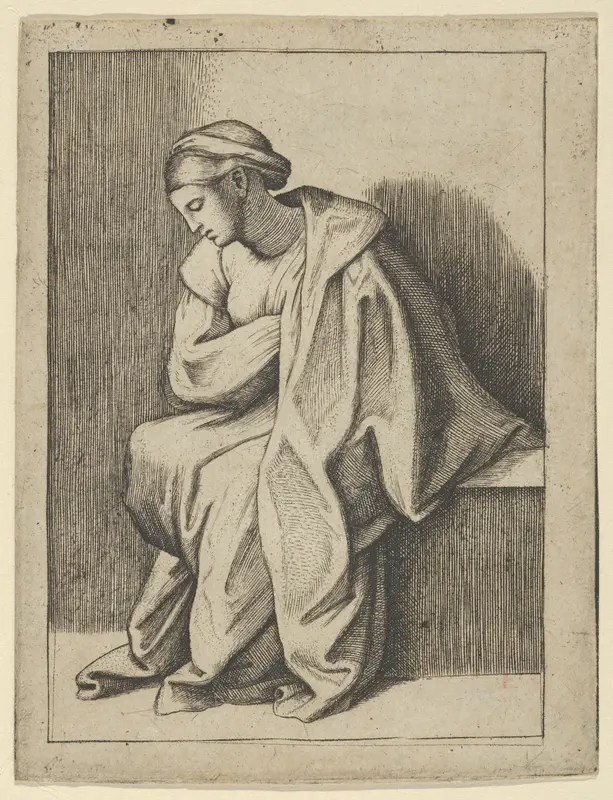 Woman sitting with her head turned downward to her right and eyes closed Wall Art by Anonymous - High-Resolution Digital Print