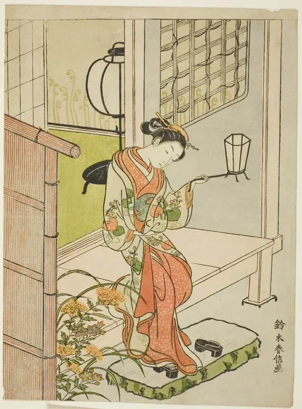 Woman Stepping Out with a Lantern Wall Art by Suzuki Harunobu - High-Resolution Digital Print