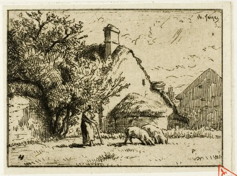Woman Tending Two Pigs