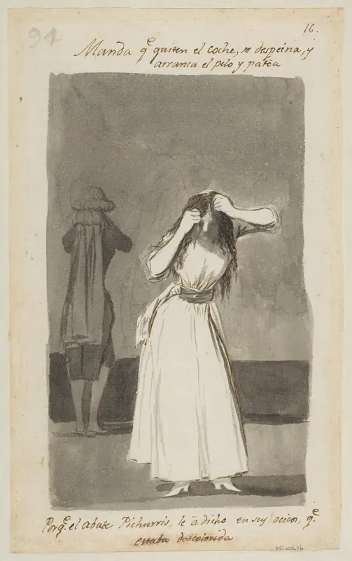 Woman throwing a tantrum and pulling her hair; folio 94 (verso) from the Madrid Album "B"