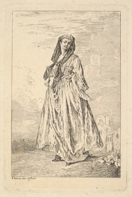 Woman walking and holding her skirt with her right hand, shown in three-quarters view with head turned toward the viewer, from "Figures of Fashion" (Figures de modes) Wall Art by Antoine Watteau - High-Resolution Digital Print