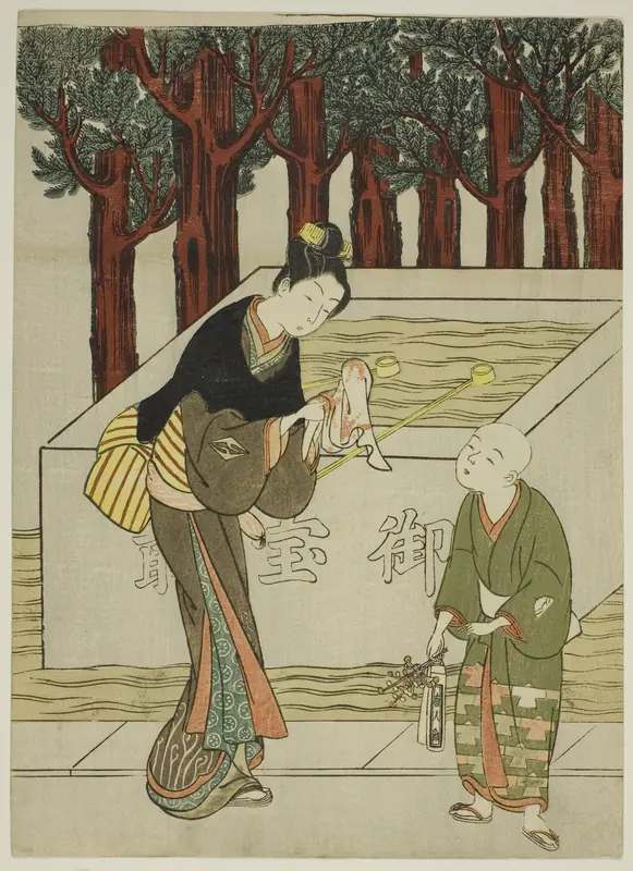 Woman Washing Her Hands before Entering a Shrine Wall Art by Suzuki Harunobu - High-Resolution Digital Print