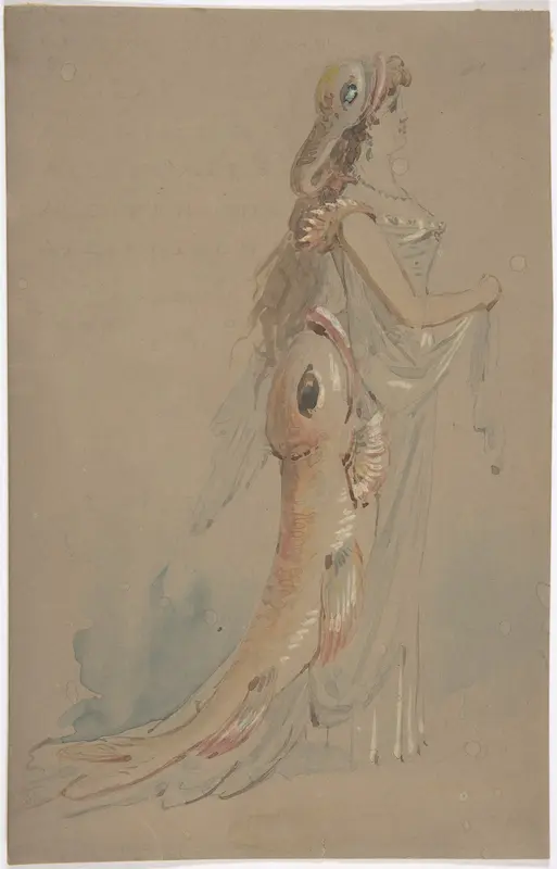 Woman Wearing a Costume Whose Bustle and Headdress are the Shape of Fishes Wall Art by Anonymous, British, 19th century - High-Resolution Digital Print