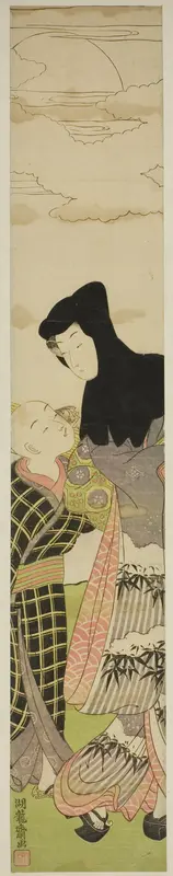 Woman Wearing Black Hood Speaks to Young Boy Wall Art by Isoda Koryusai - High-Resolution Digital Print