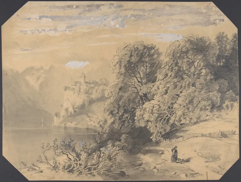 Woman with a dog by a mountain lake Wall Art by Alexandre Calame - High-Resolution Digital Print