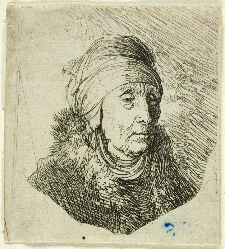 Woman with a High Headdress Wrapped Around the Chin: Bust Wall Art by Rembrandt van Rijn - High-Resolution Digital Print