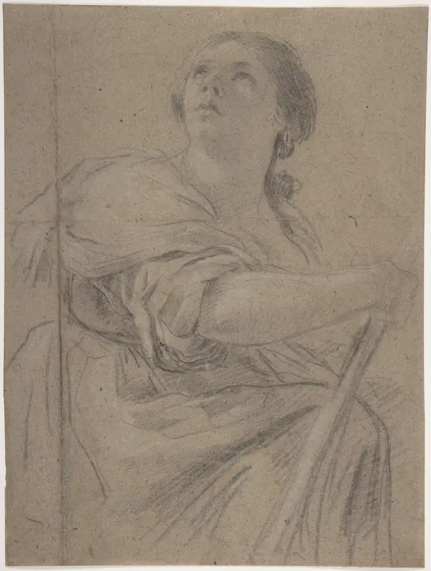 Woman with a Staff Looking Upward Wall Art by Simon Vouet - High-Resolution Digital Print