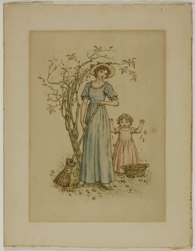 Woman with Broom and Little Girl Wall Art by Kate Greenaway - High-Resolution Digital Print
