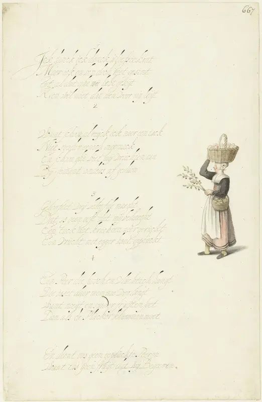Woman with Two Baskets of Fruit and a Cherry Branch Wall Art by Gesina ter Borch - High-Resolution Digital Print