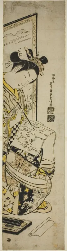 Woman Writing a Letter in Front of a Screen Wall Art by Ishikawa Toyonobu - High-Resolution Digital Print