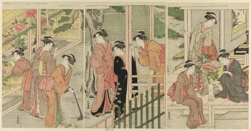 Women Admiring Peonies