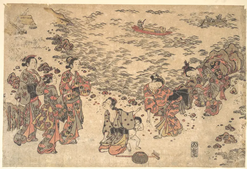 Women and a Small Boy Gathering Shells on a Beach by the Sea Wall Art by Ishikawa Toyonobu - High-Resolution Digital Print