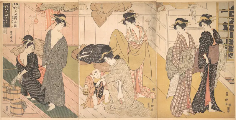 Women and an Infant Boy in a Public Bath House Wall Art by Utagawa Toyokuni I - High-Resolution Digital Print