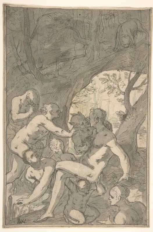 Women Bathing in a Wood, Surprised by a Satyr Wall Art by Balthasar Katzenberger - High-Resolution Digital Print