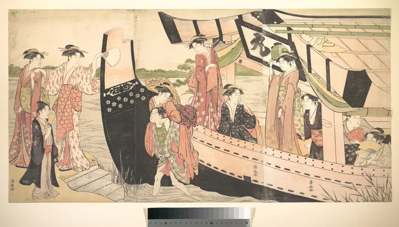 Women Landing from a Pleasure Boat Drawn Up to the Shore at Mukojima on Sumida RIver, Edo