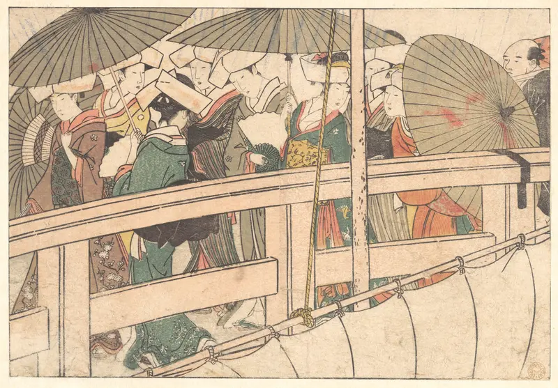 Women on a Bridge, from the illustrated book Flowers of the Four Seasons Wall Art by Kitagawa Utamaro - High-Resolution Digital Print