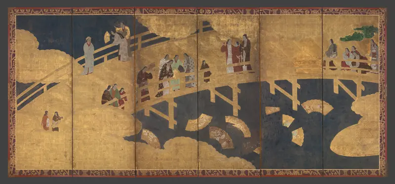Women on a Bridge Tossing Fans into a River Wall Art by Unknown - High-Resolution Digital Print