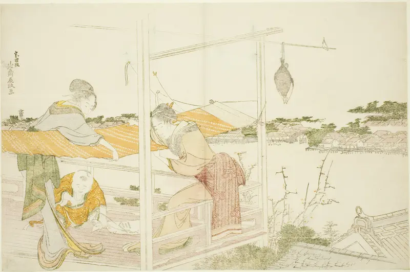 Women on a Veranda Stretching Cloth to Dry