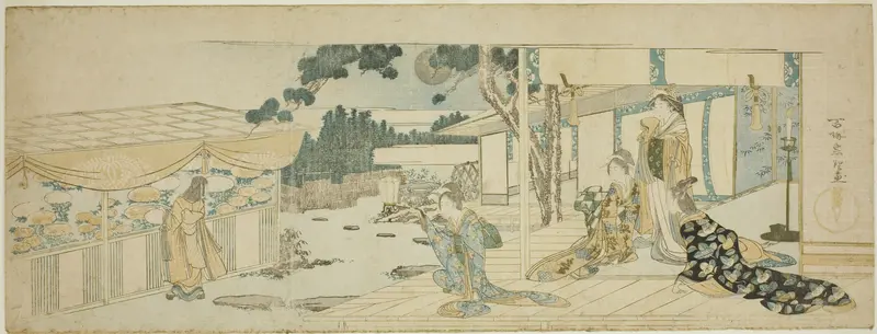 Women on the Veranda Looking at a Girl Picking Flower