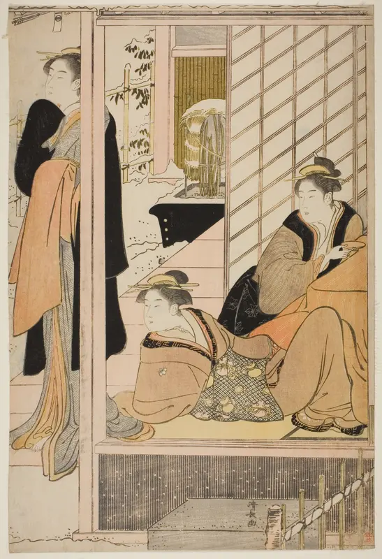 Women Viewing a Snowy Garden from a Parlor