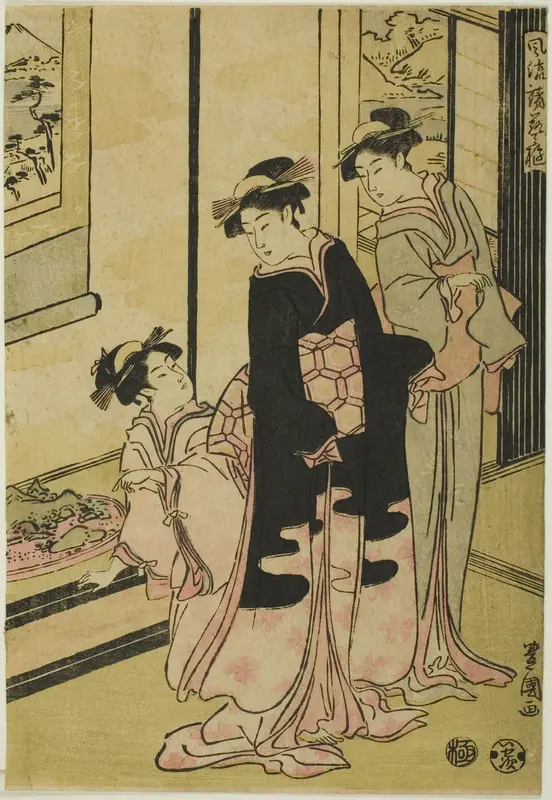 Women viewing miniature landscape, from the series "Furyu moro hanami uwari"