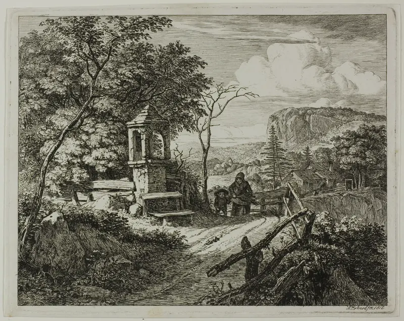 Wood Gatherer with a Boy, plate two from Die zwei grossen Landschaften mit den Betsäulen Wall Art by Johann Christoph Erhard - High-Resolution Digital Print