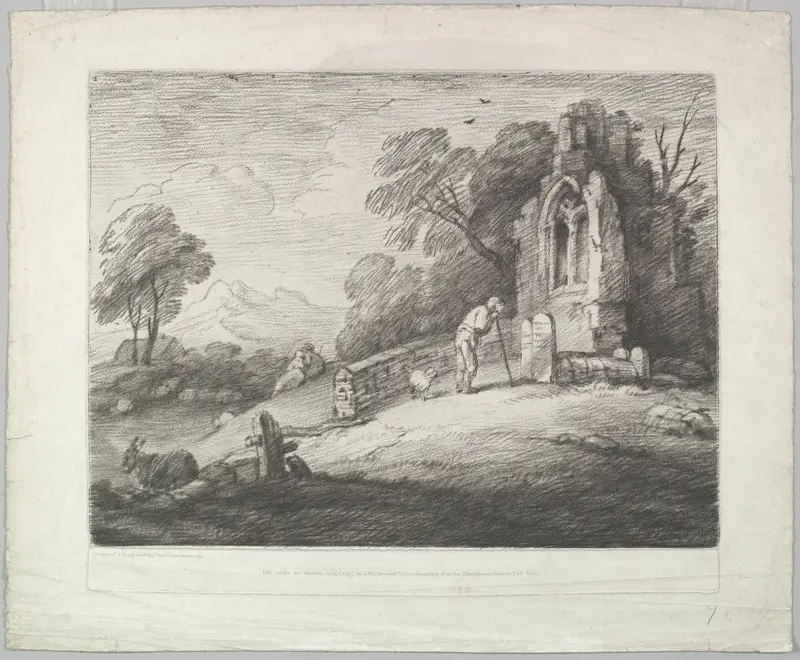 Wooded Landscape with a Peasant Reading a Tombstone, Rustic Lovers and a Ruined Church Wall Art by Thomas Gainsborough - High-Resolution Digital Print