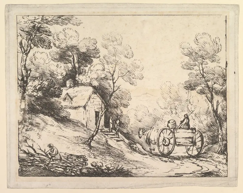 Wooded Landscape with Country Cart, Cottage and Figures Wall Art by Thomas Gainsborough - High-Resolution Digital Print