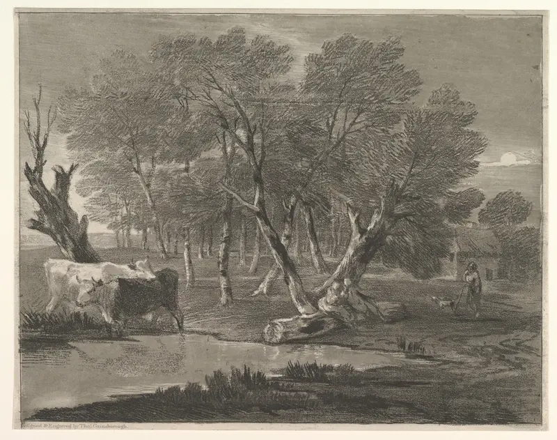Wooded Landscape with Cows beside a Pool, Figures and Cottage Wall Art by Thomas Gainsborough - High-Resolution Digital Print