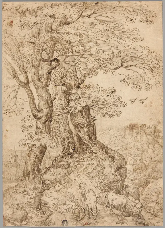 Wooded Landscape with Donkeys and Goats, and Castle on Hill in Distance Wall Art by Paul Bril - High-Resolution Digital Print