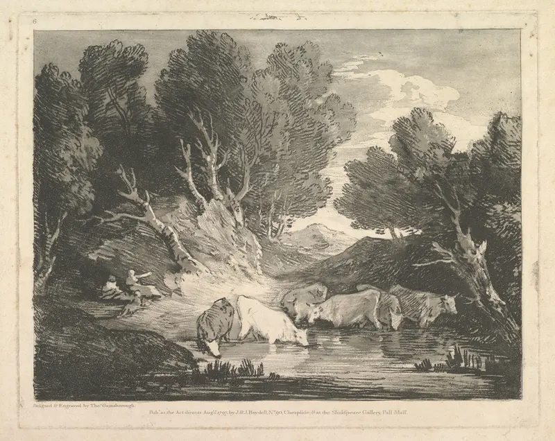 Wooded Landscape with Figures and Cows at a Watering Place (The Watering Place) Wall Art by Thomas Gainsborough - High-Resolution Digital Print