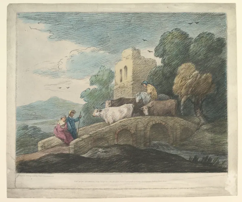 Wooded Landscape with Herdsmen Driving Cattle over a Bridge, Rustic Lovers and Ruined Castle Wall Art by Thomas Gainsborough - High-Resolution Digital Print