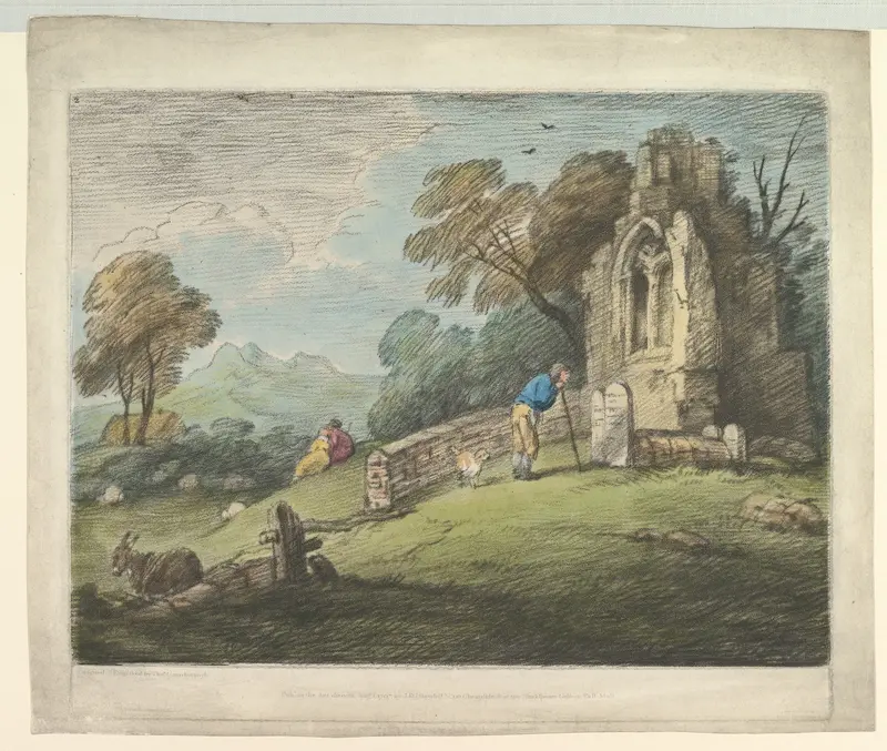 Wooded Landscape with Peasant Reading Tombstone, Rustic Lovers and Ruined Church Wall Art by Thomas Gainsborough - High-Resolution Digital Print