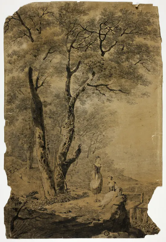 Wooded Landscape with Two Women in Foreground Wall Art by Jean Baptiste Pillement - High-Resolution Digital Print