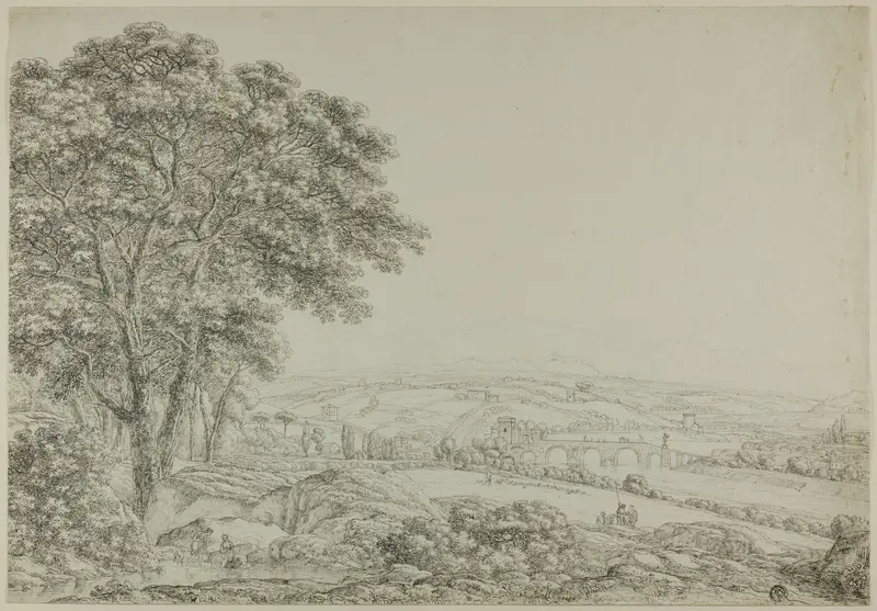 Wooded Pond with Bathing Figures, Vista of River Bridge, and Farms Wall Art by Wilhelm Alexander Wolfgang von Kobell - High-Resolution Digital Print