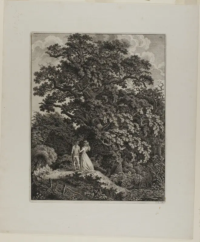 Woodland Landscape with an Elegant Couple Walking Beneath an Oak Wall Art by Carl Wilhelm Kolbe, the elder - High-Resolution Digital Print