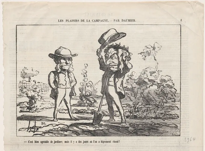 Working in the garden can be fun... but there are days when it is just too damn hot! / One rejoices in pure, unspoiled happiness when harvesting one's own apples... at least as long as one doesn't break one's neck, from "The joys of country life" Wall Art by Honoré Daumier - High-Resolution Digital Print