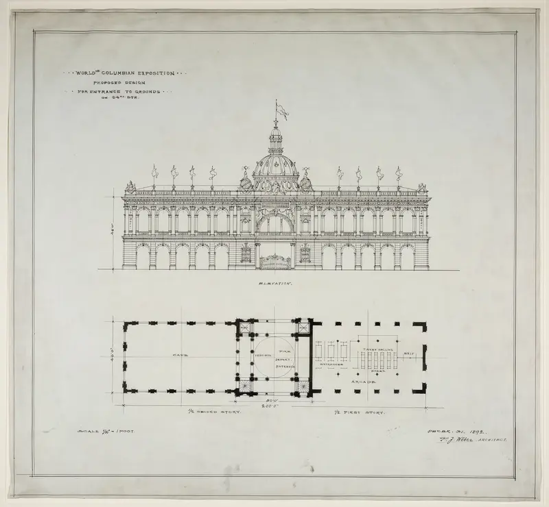 World's Colombian Exposition 64th Street Entrance, Chicago, Illinois, Plan and Elevation