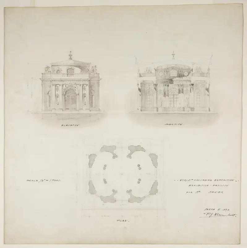 World's Colombian Exposition Chocolate-Menier Pavilion, Chicago, Illinois, Plan, Elevation, and Section