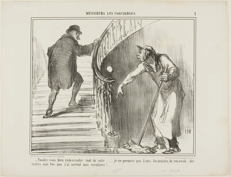 “- Would you please come back immediately... I do not allow my tenants to receive visitors once I have cleaned the staircase,” plate 1 from Messieurs Les Concierges