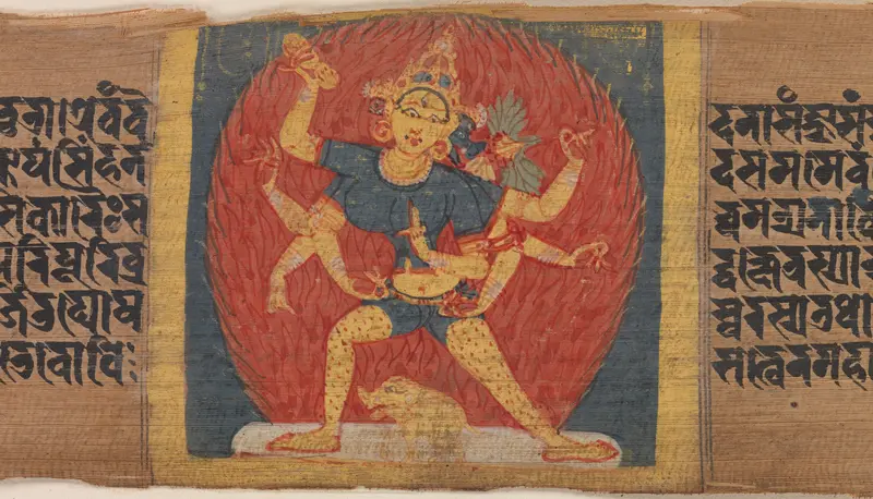 Wrathful Eight-armed and Three-faced Goddess Tara Marichi, Leaf from a dispersed Pancavimsatisahasrika Prajnaparamita Manuscript Wall Art by Unknown - High-Resolution Digital Print