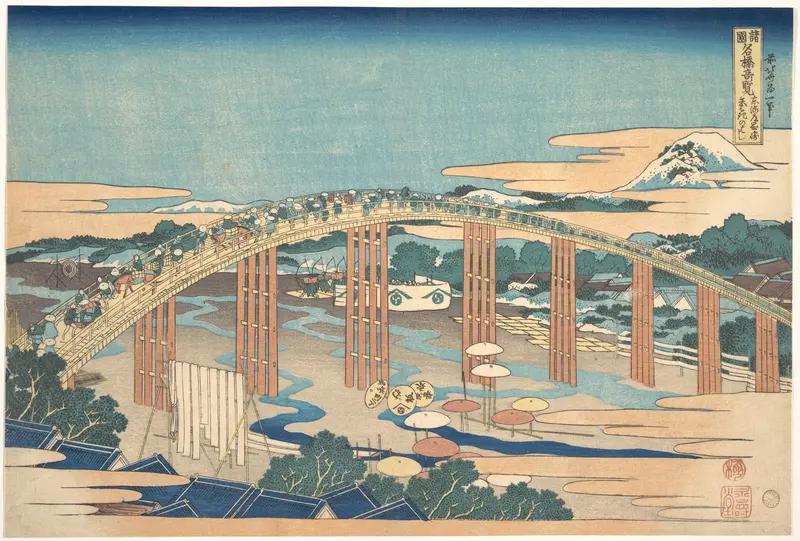 Yahagi Bridge at Okazaki on the Tōkaidō (Tōkaidō Okazaki Yahagi no hashi), from the series Remarkable Views of Bridges in Various Provinces (Shokoku meikyō kiran) Wall Art by Katsushika Hokusai - High-Resolution Digital Print