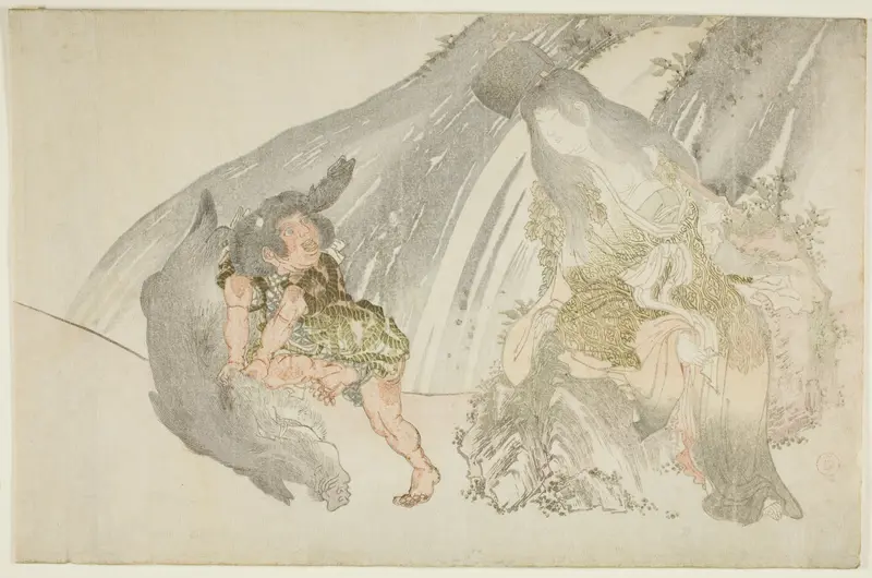 Yamauba Watching Kintaro Wrestle a Boar