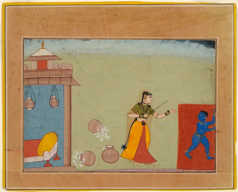 Yashoda Chastises Her Foster Son, the Youthful Krishna, page from a manuscript of the Bhagavata Purana Wall Art by Unknown - High-Resolution Digital Print