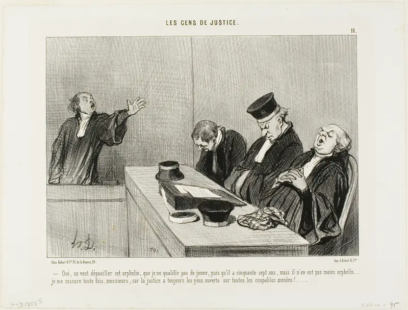 “Yes, they would plunder this orphan, whom I cannot necessarily describe as being young, since he is fifty-seven years ol...I am, reassured knowing that justice always keeps an open eye on all guilty maneuvers! . . . ,” plate 11 from Les Gens De Just