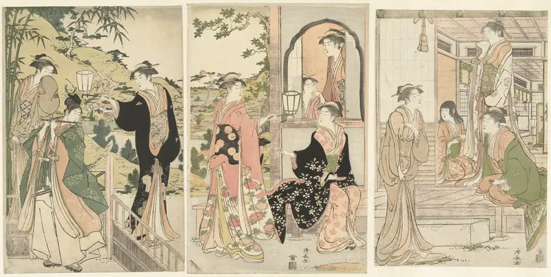 Yoshitsune brengt een serenade aan Joruri hime Wall Art by Unknown - High-Resolution Digital Print