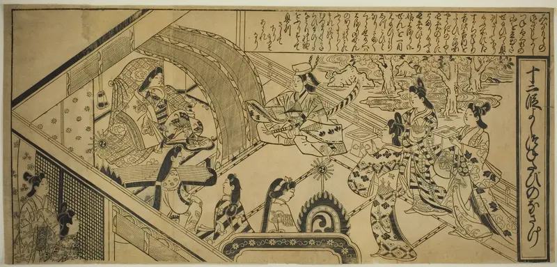 Yoshitsune's Encouter with Princess Joruri, from "The Tale of Joruri in Twelve Episodes (Joruri Junidan Zoshi)" Wall Art by Sugimura Jihei - High-Resolution Digital Print