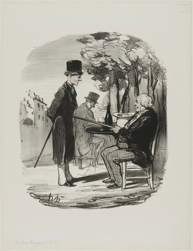 "- You are not having your bottle of beer with us this evening... I can tell you are having a private dinner party today, you scoundrel...," plate 81 from Les Bons Bourgeois