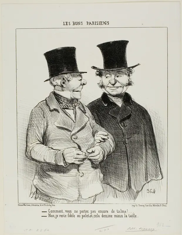 “- You are not wearing a Talma yet? - No, I remain loyal to the overcoat, it's more flattering to my waistline,” plate 1 from Les Bons Parisiens